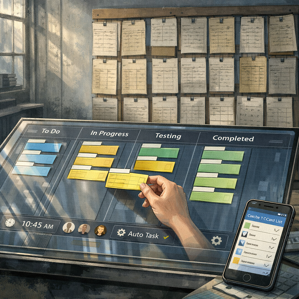 A detailed, artistic illustration showing a hybrid digital‑physical workspace: in the foreground a translucent touchscreen table displays a Digital T Card System with vertical slots and colour‑coded cards being dragged between stages. Behind it, a faded wall of vintage physical T cards hangs, their paper textures contrasting with the crisp digital interface. Soft daylight filters through a workshop window, casting reflections on the touchscreen; small icons indicate timestamps, user avatars and automation rules, while a mobile phone at the edge shows an offline cached card list. The palette uses muted industrial greys and accent blues to emphasise clarity and functionality.