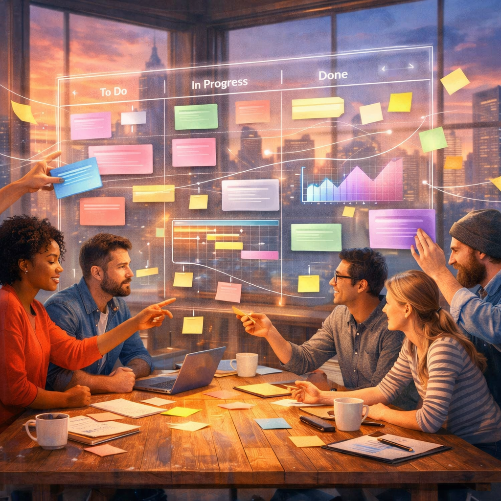 A vivid, artistic scene of diverse teams collaborating around a large, semi-transparent digital kanban board hovering above a wooden table. Cards float gently, each glowing in different pastel colours representing tasks; some transform into timelines and charts. In the background, cityscape windows show dawn light, signalling productivity at the start of the day. The style blends realistic human figures with a soft, painterly digital overlay—hands reach to move cards, sticky notes flutter, and subtle lines connect people to the board, symbolising workflow, communication and the fluidity of switching between project-management tools.