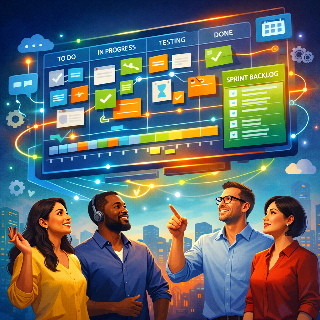 A vibrant, modern digital artwork showing a collaborative project board floating above a diverse team of professionals. The board displays interconnected kanban cards, timelines and sprint backlogs in bright colours—blues, greens and oranges—linked by thin glowing lines. In the background, faint icons represent integrations (chat bubbles, code brackets, calendar) and a subtle city skyline suggests a busy, productive organisation. The overall mood is energetic and organised, highlighting choice and movement among multiple tool options.