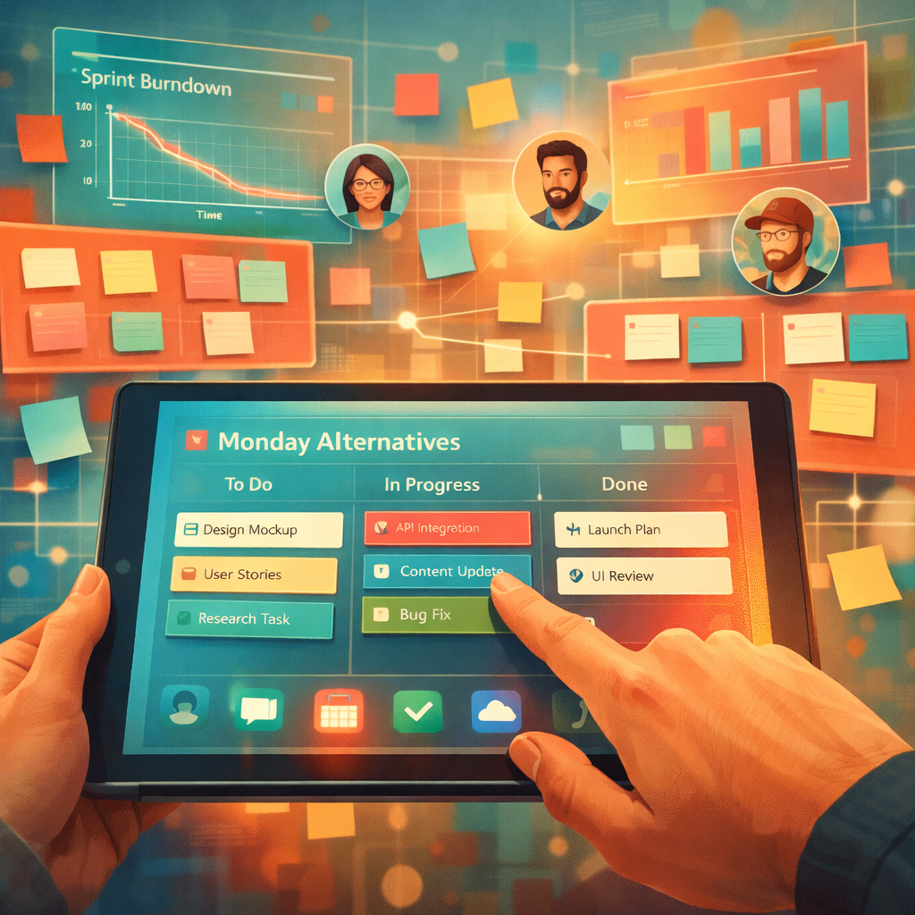 A vibrant, artistic scene of multiple overlapping digital project boards floating in a soft-focus workspace: colourful Kanban cards cascade like sticky notes, sprint burndown charts glow on translucent panes, and team avatars drift between boards. In the foreground a hand taps a tablet showing a clean kanban board labelled 'Monday Alternatives', with subtle reflections of common app icons. The palette is warm teal and coral, conveying clarity and collaborative energy, while faint gridlines and connectors suggest integrations tying the boards together.