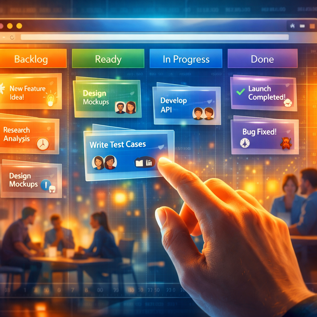 A vivid, artistic panorama of a modern digital workspace: translucent T‑cards float in a warm, backlit browser window, organised into colourful lanes labelled Backlog, Ready, In Progress and Done. Each card shows concise text, avatars and small icons for tags and time windows. In the foreground, a hand with a glowing fingertip reaches to drag a card between lanes, while soft focus team members confer around a table in the background. The palette mixes cool blues and energising oranges, with subtle gridlines and a faint calendar overlay to suggest time‑based planning.