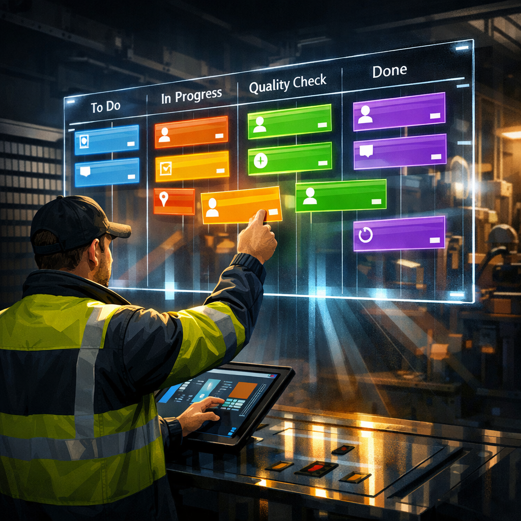 An artistic, high‑contrast digital illustration showing a glowing virtual T card board floating in a dim industrial control room. The board has multiple translucent lanes with colour‑coded cards; some cards display miniature icons for people, clocks and attachments. A technician in hi‑vis stands at a touchscreen tablet in the foreground, dragging a card from 'In Progress' to 'Quality Check' while soft rays of light from the board cast reflections on metal surfaces. Background elements include blurred machinery and a large analogue T card rack fading into shadow, emphasising the transition from physical to digital.