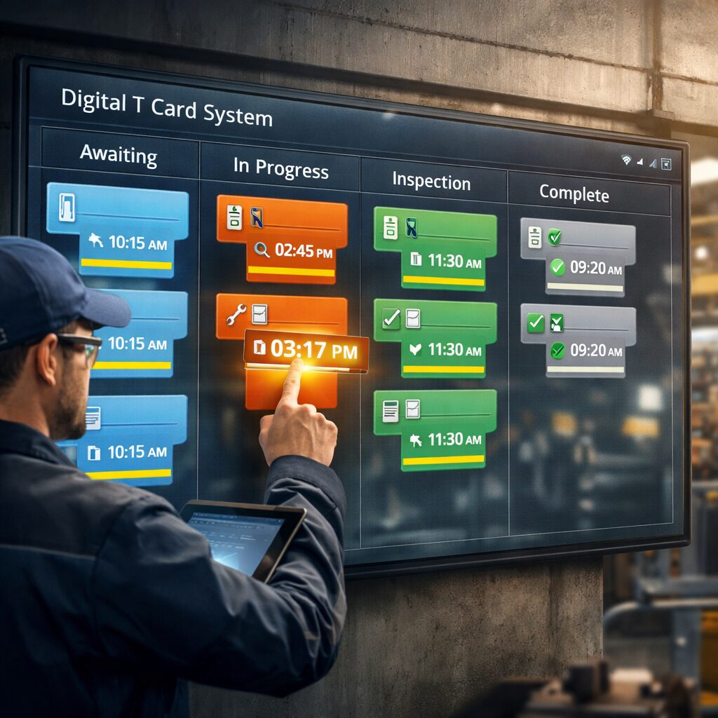 A striking digital illustration of a large, semi-transparent screen mounted on a factory wall showing a Digital T Card System. Rows of virtual T-shaped cards slide between columns labelled 'Awaiting', 'In Progress', 'Inspection' and 'Complete'. Each card displays small icons for attachments, a timestamp and a coloured priority stripe. In the foreground, a technician with a tablet taps a card, causing a subtle glow and an animated timestamp update. Soft industrial lighting and blurred machinery in the background suggest a busy production environment, while crisp UI elements convey clarity and ease of use.