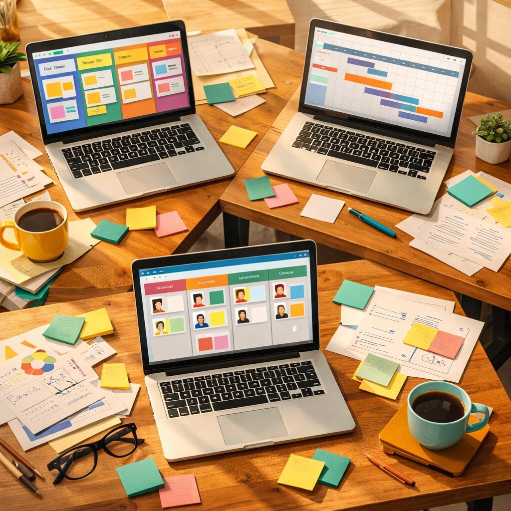An artistic scene showing a modern workspace from above: several wooden desks arranged in a bright studio, each with a laptop displaying different project boards. One screen shows a colourful kanban board with sticky-note style cards; another displays a Gantt timeline with subtle gradients; a third features a scrum board with sprint columns and avatars. Around the desks are sheets of paper, colourful sticky notes and a coffee cup, suggesting active collaboration. The overall palette is warm with teal and mustard accents; light filters through large windows casting soft shadows. The image conveys clarity, choice and the variety of Trello Alternatives available to teams seeking the right workflow.