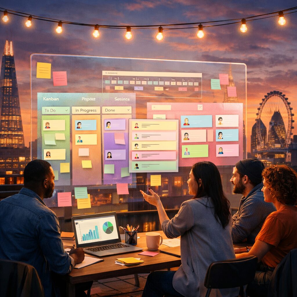 An artistic rooftop office scene at dusk showing a diverse team gathered around a large translucent glass screen projecting multiple overlapping project boards. Each board glows in a different pastel hue — kanban columns, sprint timelines, and task cards with avatars — while London skyline silhouettes and soft string lights create a warm, collaborative atmosphere. The composition blends digital and analogue elements: sticky notes, a laptop with charts, and floating translucent UI panels, emphasising choice and variety in project tools.