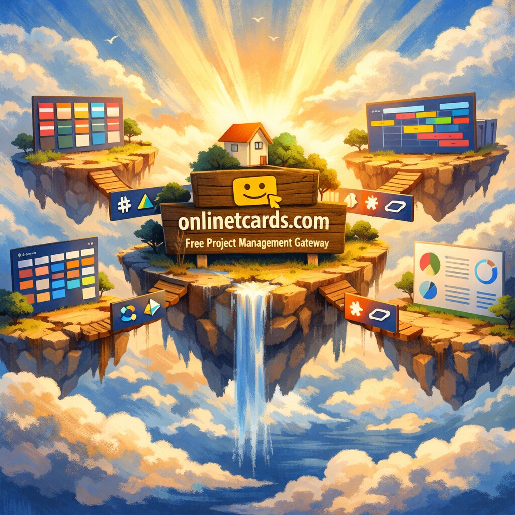 An artistic, high‑contrast digital illustration showing a city of connected boards floating like islands in a soft, clouded sky. Each island represents a different project management app—coloured kanban cards, timeline ribbons and scrum boards are visible. Small bridges labelled with integration icons link islands, while a central, friendly island displays the logo and URL of onlinetcards.com on a wooden sign, suggesting accessibility and a welcoming free gateway. The palette uses warm blues and oranges, with light rays emphasising clarity and connection.