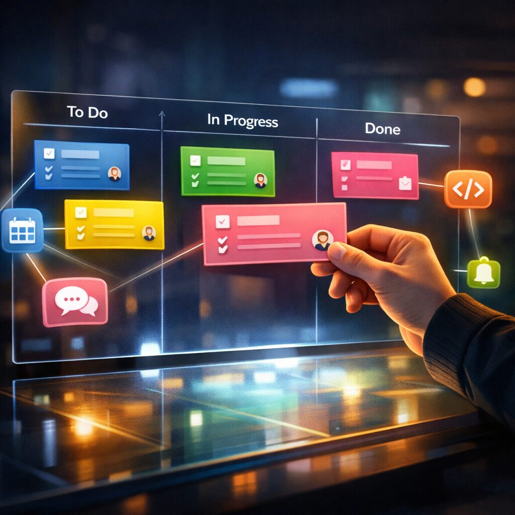 An artistic, semi‑realistic illustration of a glowing digital board floating in a darkened room. Rows of brightly coloured Online T Cards — blue, yellow, green and pink — hover above a glass surface, each card bearing tiny icons for checklists, avatars and labels. A person reaches out to drag a card from 'In Progress' to 'Done'; soft beams of light connect cards to miniature app icons (calendar, chat, code) hovering nearby, suggesting integrations. The overall mood is modern and calm, emphasising clarity, movement and collaborative energy.