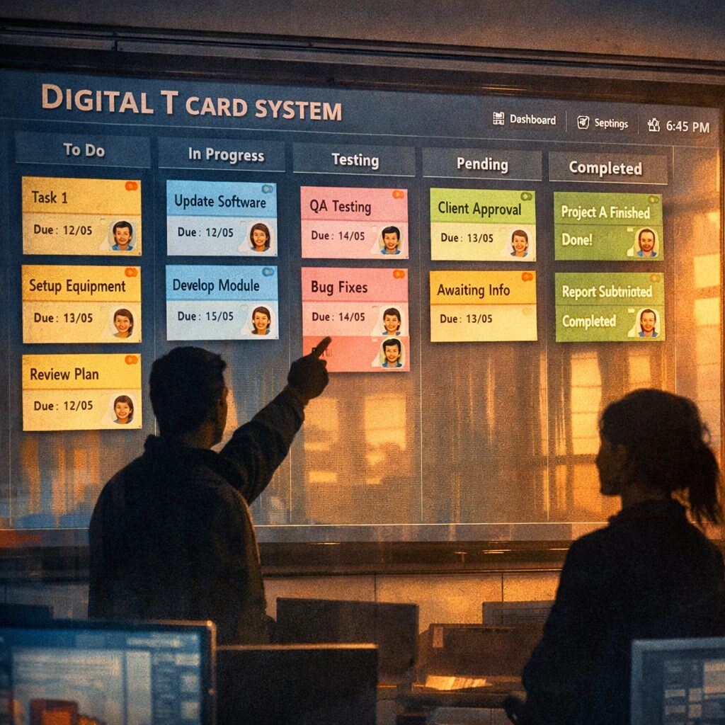 An artistic, high-resolution illustration of a Digital T Card System dashboard viewed on a large wall-mounted screen in a control room. The scene shows colourful virtual T cards arranged in columns, each card displaying concise metadata and avatars. Soft evening light casts reflections on the glass, while team members silhouette in the foreground pointing at a card during a handover. The composition blends analogue texture — faint paper grain overlays on cards — with crisp digital UI elements, conveying the bridge between traditional T cards and contemporary software.