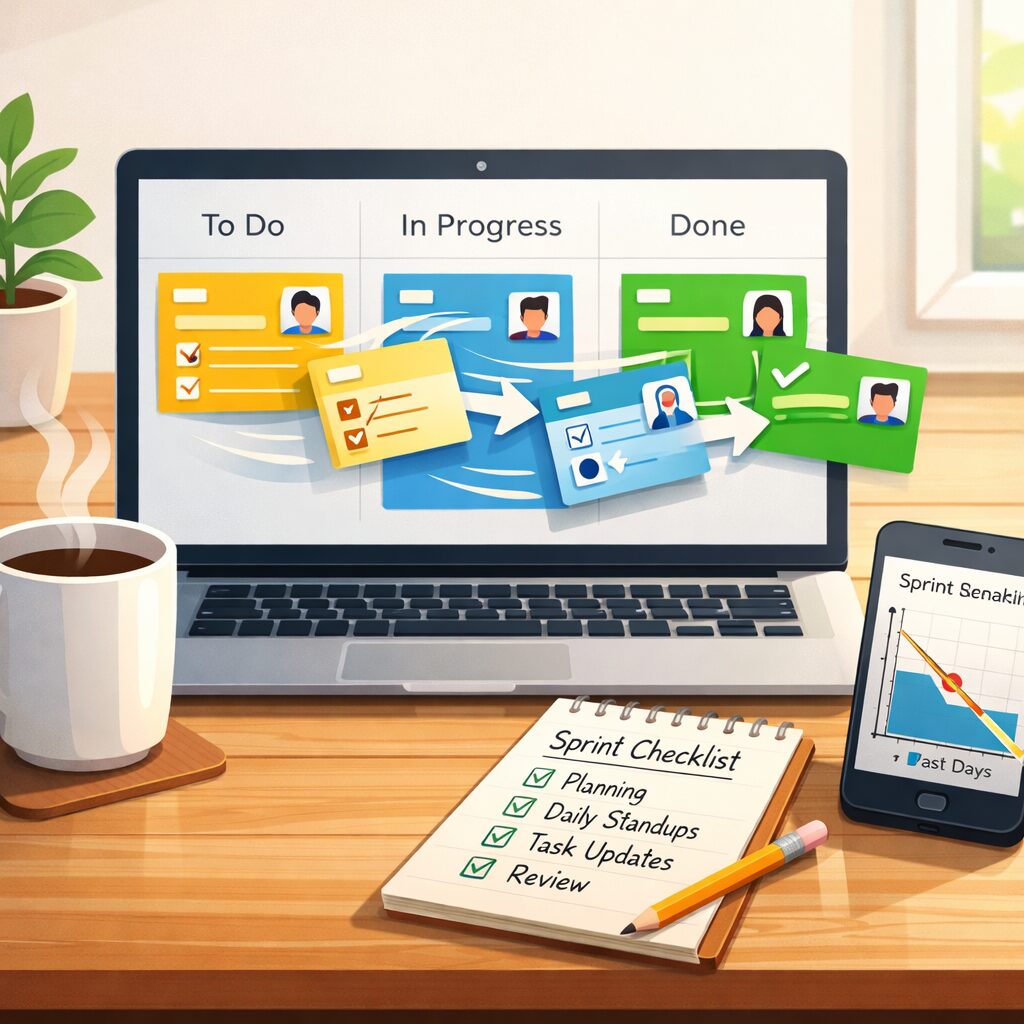 A brightly lit, minimalist digital illustration showing a wooden desk with a laptop displaying a clean Kanban board interface. Colourful task cards in motion flow from 'To Do' to 'In Progress' to 'Done', with small avatars on cards and simple icons for checklists and attachments. Around the laptop are a steaming mug, a notepad with a handwritten sprint checklist, and a smartphone showing a compact Scrum sprint burndown chart. The scene conveys calm, efficient teamwork and clarity, with soft natural light and a modern, uncluttered workspace aesthetic.