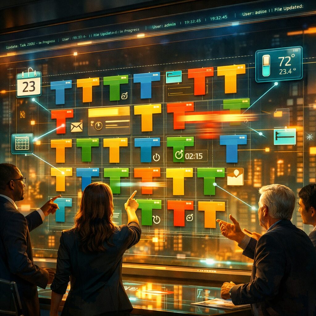 A richly detailed, cinematic illustration of a digital T card dashboard on a large transparent screen in a modern operations room. The image shows colourful T-shaped cards arranged in neat lanes, some with icons for attachments and timers, others highlighted with motion blurs to indicate live updates. Thin beams of light connect cards to external widgets like calendars and sensors. In the foreground, a diverse group of professionals point and gesture at the display, while faint holographic audit logs scroll along the top edge. The palette is warm teal and amber, emphasising clarity and activity, with subtle reflections on a glass tabletop and a soft-focus cityscape visible through a window behind the scene.