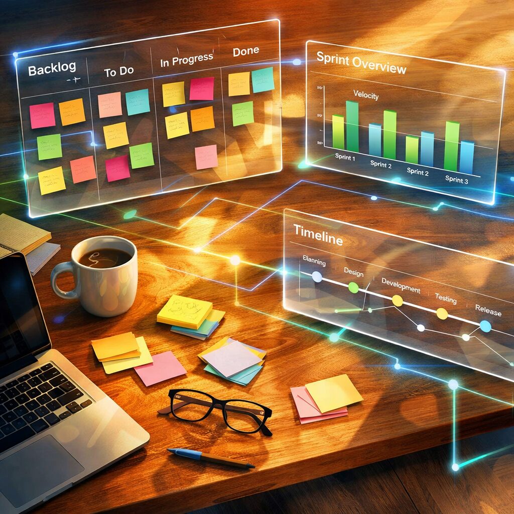 A vivid, artistic scene of a modern workspace viewed from above: multiple translucent digital boards float like glass panes over a wooden desk, each displaying colourful kanban cards in columns labelled Backlog, To Do, In Progress and Done. One pane shows a scrum sprint view with velocity bars, another a timeline with dots and connectors. Soft natural light falls across a laptop keyboard, a ceramic mug, and scattered sticky notes, while faint neon lines connect the panes suggesting integrations. The palette mixes warm wood tones with cool blues and greens, evoking clarity, collaboration and calm efficiency.