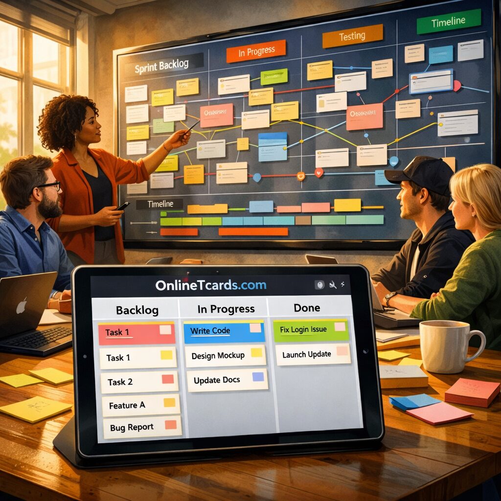 An artistic, high-resolution illustration of a modern workspace showing a diverse team gathered around a large digital board. The board displays multiple panels of kanban-style cards, sprint backlogs and timelines, with colour-coded tags and connecting lines that visualise relationships. Sunlight filters through tall windows, casting warm tones across laptops and sticky notes. In the foreground, a tablet screen shows the onlinetcards.com interface with neatly arranged columns labelled 'Backlog', 'In Progress' and 'Done', emphasising accessible, collaborative project planning as an attractive alternative to Favro.