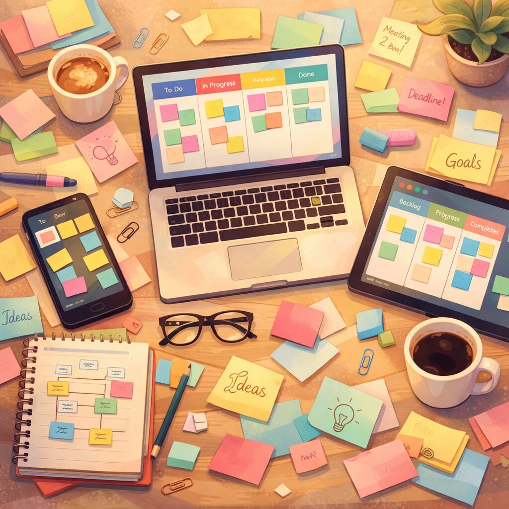 A vibrant, artistic illustration of a workroom table seen from above: scattered sticky cards and digital tablets showing kanban columns, a laptop screen displaying a colourful task board, coffee cups and a notepad. The scene blends analogue and digital elements, with soft pastel tones and warm lighting, evoking collaborative energy and the variety of Monday alternatives available.