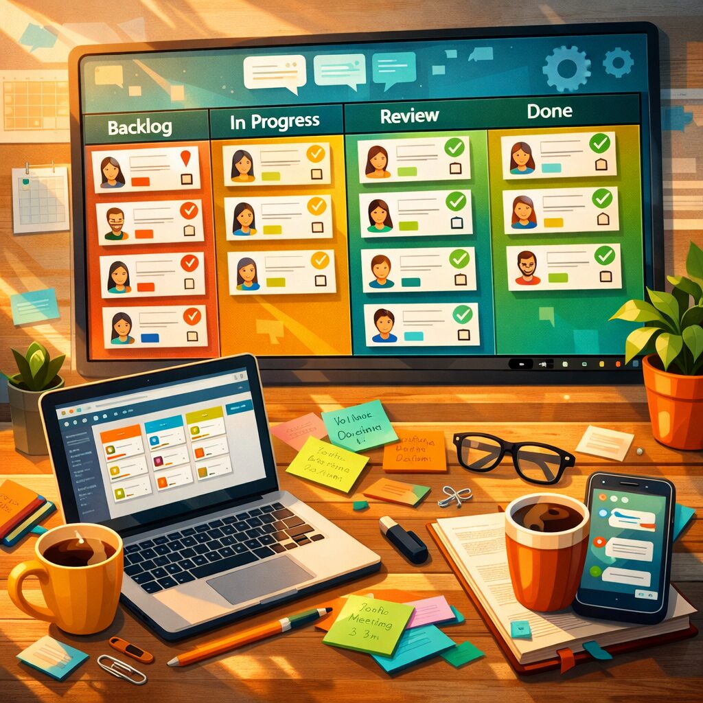 A vibrant, highly detailed digital illustration of a modern workspace viewed from above: a wide, touch-enabled board displays colourful Online T Cards in columns labelled Backlog, In Progress, Review and Done. Each card shows avatars, priority badges and small icons for attachments and comments. Sunlight filters through a window onto a laptop screen showing a kanban board, while sticky notes and a coffee cup sit beside it. In the background, translucent panels hint at integrations — calendar, chat bubbles and a gear icon — blending into the scene to suggest automation and connectivity. The palette is warm with teal and orange accents, and the composition emphasises clarity, motion and collaborative energy.