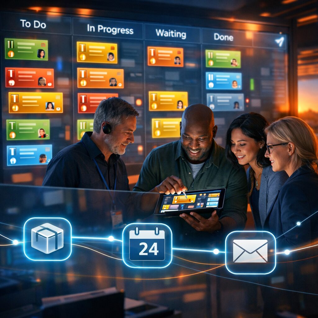 A high-resolution, artistically rendered scene of a modern operations room at dusk: a large translucent digital board dominates the wall, populated with colourful virtual T-cards arranged in columns labelled To Do, In Progress, Waiting and Done. Each card shows icons for priority, assignee and a tiny timer. A mixed team of technicians and managers — diverse in age, gender and ethnicity — stand around a mobile tablet, dragging a card on-screen. In the foreground, a semi-opaque overlay displays integration lines flowing to icons representing inventory, calendar and email systems. Soft neon blues and warm amber lighting create a focused, productive ambience; subtle motion blurs hint at real-time updates. The image conveys clarity, collaboration and the seamless transition from physical to digital T card workflows.