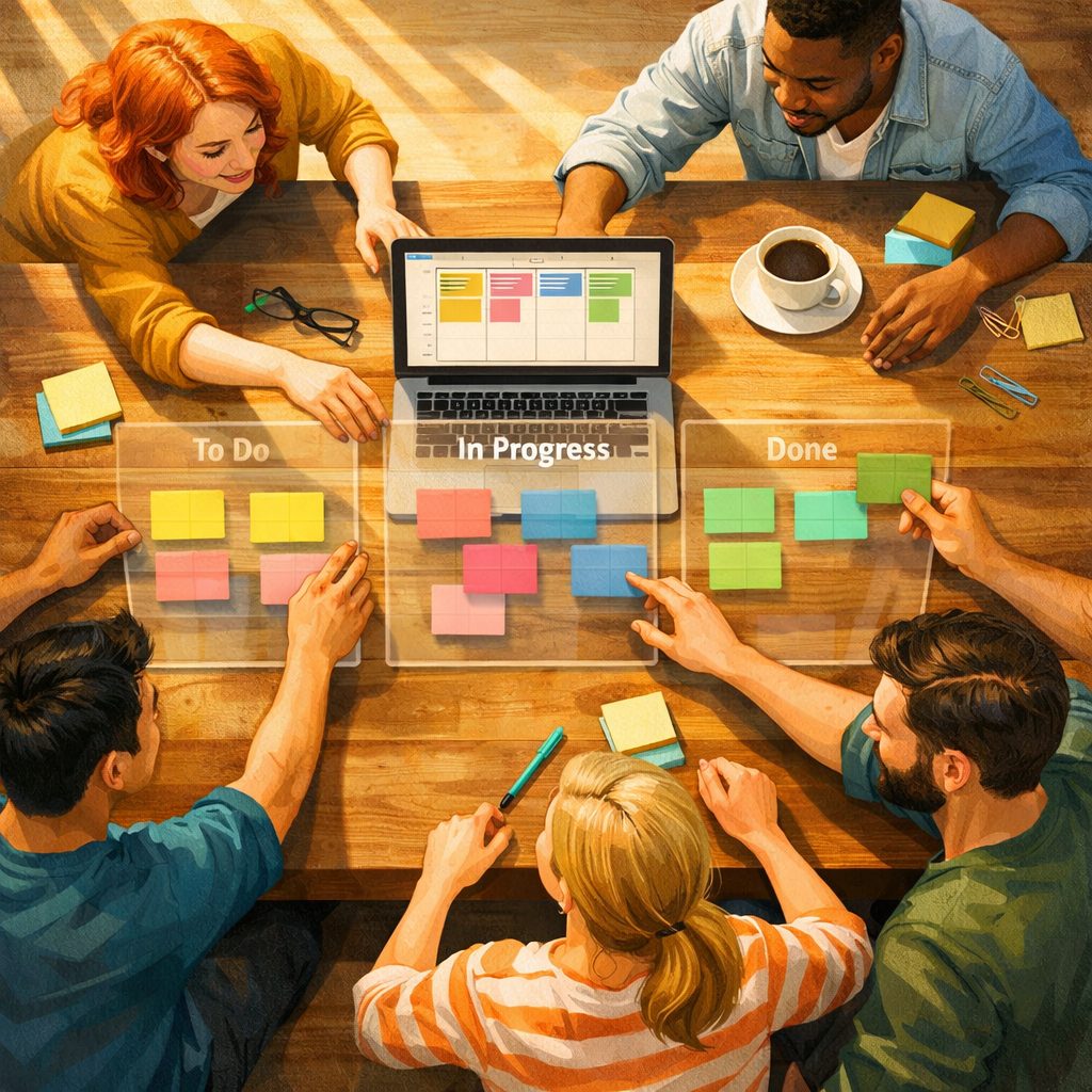 An artistic, high-resolution illustration showing a bright workspace viewed from above. A central wooden desk holds a laptop displaying a minimalist Kanban board with colourful task cards; sticky notes and a coffee cup sit nearby. Around the desk, five diverse team members are portrayed in casual poses, leaning in to move virtual cards projected as translucent panels above the desk. Soft natural light casts gentle shadows; the colour palette is warm with accents of teal and mustard. The image conveys collaboration, clarity and the streamlined flow of tasks in a simple project management tool.