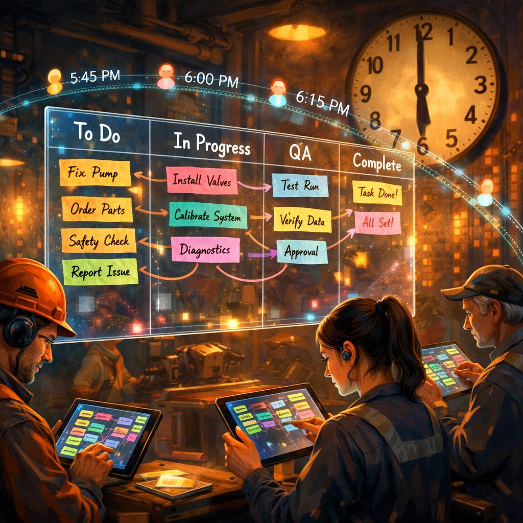 A vivid, artistic scene showing a large industrial control room where a translucent digital board floats mid-air in front of shift workers. The board displays rows of colourful T-style cards with handwritten-style fonts, columns labelled 'To Do', 'In Progress', 'QA' and 'Complete', and animated connectors indicating dependencies. Warm lighting casts soft shadows on focused workers tapping tablets that mirror the floating board. In the background, a clock emphasises shift change, while a subtle data stream of timestamps and user avatars arcs across the image, conveying real-time collaboration and audit trails.