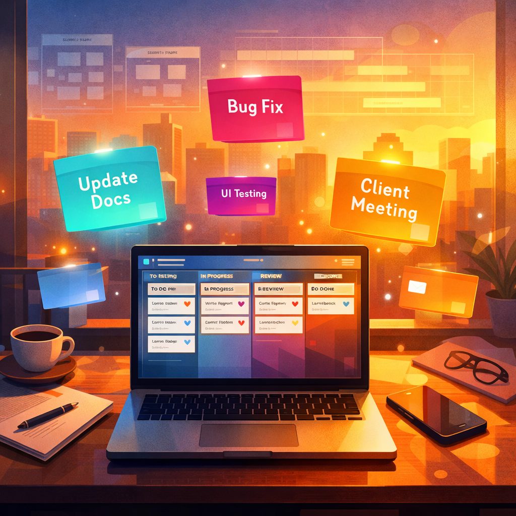 An artistic digital illustration showing a modern office desk viewed from above at golden hour: colourful virtual kanban cards float like paper lanterns above a sleek laptop screen displaying multiple board interfaces. Each card glows in different hues—cyan, magenta, amber—labelled with short task titles. In the background, faint schematics of scrum sprint boards and timeline bars overlay a textured cityscape through a large window, suggesting collaboration across teams. The style is semi-abstract with soft gradients, subtle lens flares and crisp vector lines, evoking productivity, clarity and the friendly familiarity of Trello-style boards.