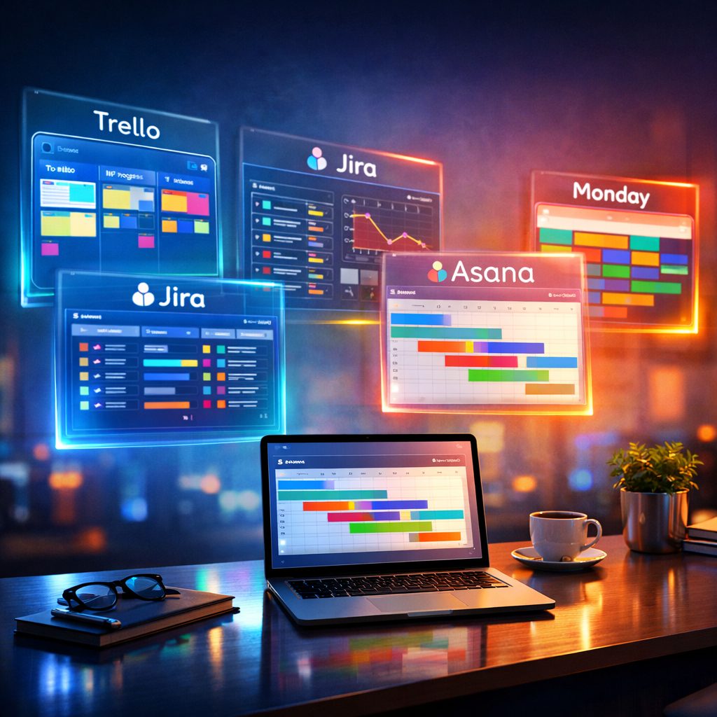 A vivid digital artwork showing a modern office wall with multiple colourful project boards floating in mid-air like holograms. Each board represents a different Favro alternative: one with minimal kanban cards and sticky notes, another dense with issue trackers and sprint burndown charts, a third displaying a clean timeline and workload bars. Subtle labels on each hologram read Trello, Jira, Asana, Monday and onlinetcards.com. Soft ambient lighting casts gentle reflections on a polished desk below where a laptop screen mirrors one of the boards, suggesting seamless migration between systems. The palette mixes cool blues with warm accent colours to convey both clarity and creative energy.