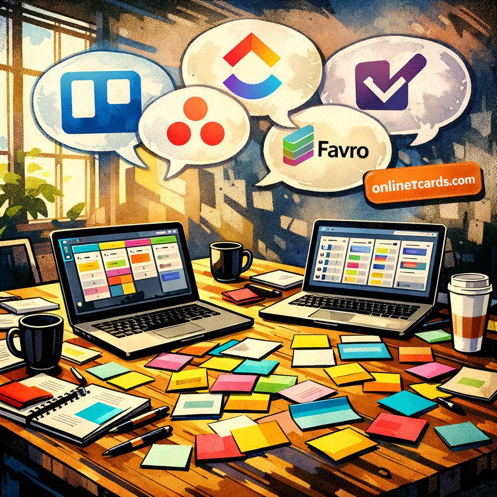 An artistic, high‑contrast illustration of a collaborative workspace: a long wooden table strewn with colourful kanban cards, laptops displaying different project boards, sticky notes, and coffee cups. In the background, translucent logos of various project management tools float like thought bubbles—Trello, Asana, ClickUp, Favro and a subtle onlinetcards.com badge—suggesting choice and comparison. Natural light streams through a window, casting soft shadows and giving the scene a productive, optimistic mood.
