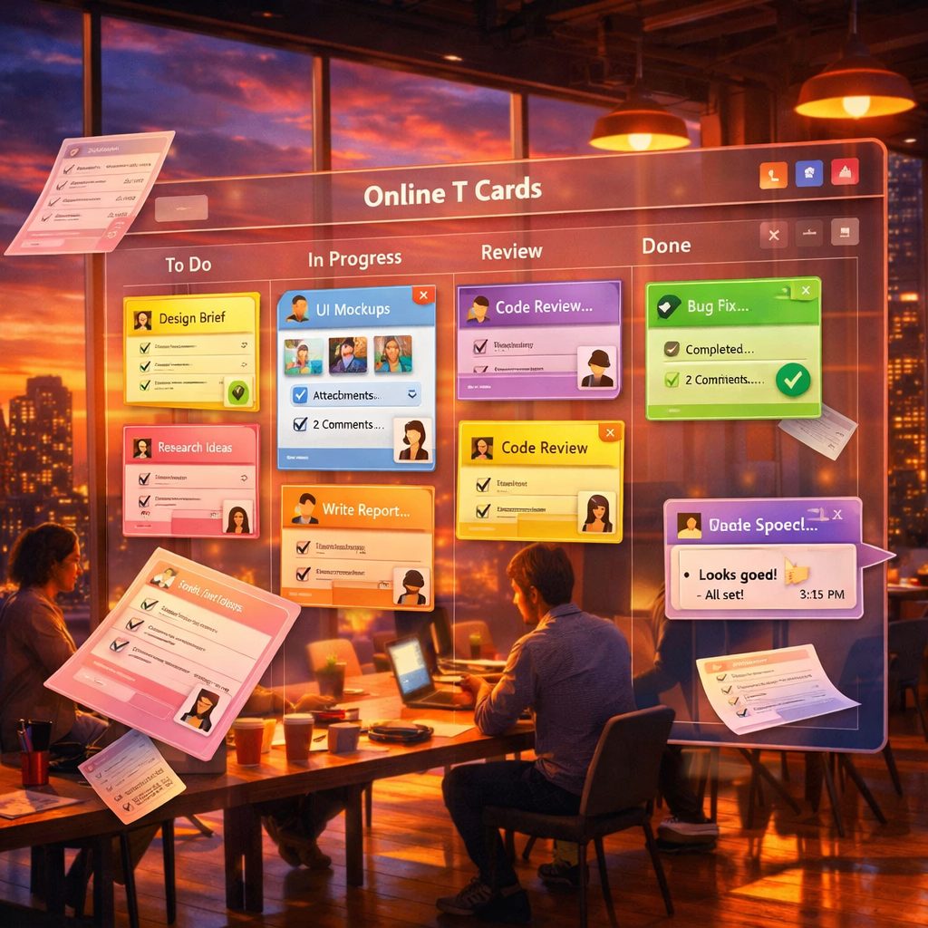 A vibrant digital artwork showing a modern workspace at sunset: a large translucent screen floats in the foreground displaying a Kanban board of Online T Cards, each card colour-coded and detailed with miniature avatars, checklists and attachments. Behind the screen, diverse team members collaborate around a table with laptops and coffee, while city lights twinkle through floor-to-ceiling windows. The scene mixes the tactile feel of paper cards — some semi-transparent cards appear to float off the screen like paper — with clear digital interface elements such as drag handles, timestamps and comment bubbles, conveying the transition from physical T-card systems to cloud-based Online T Cards.